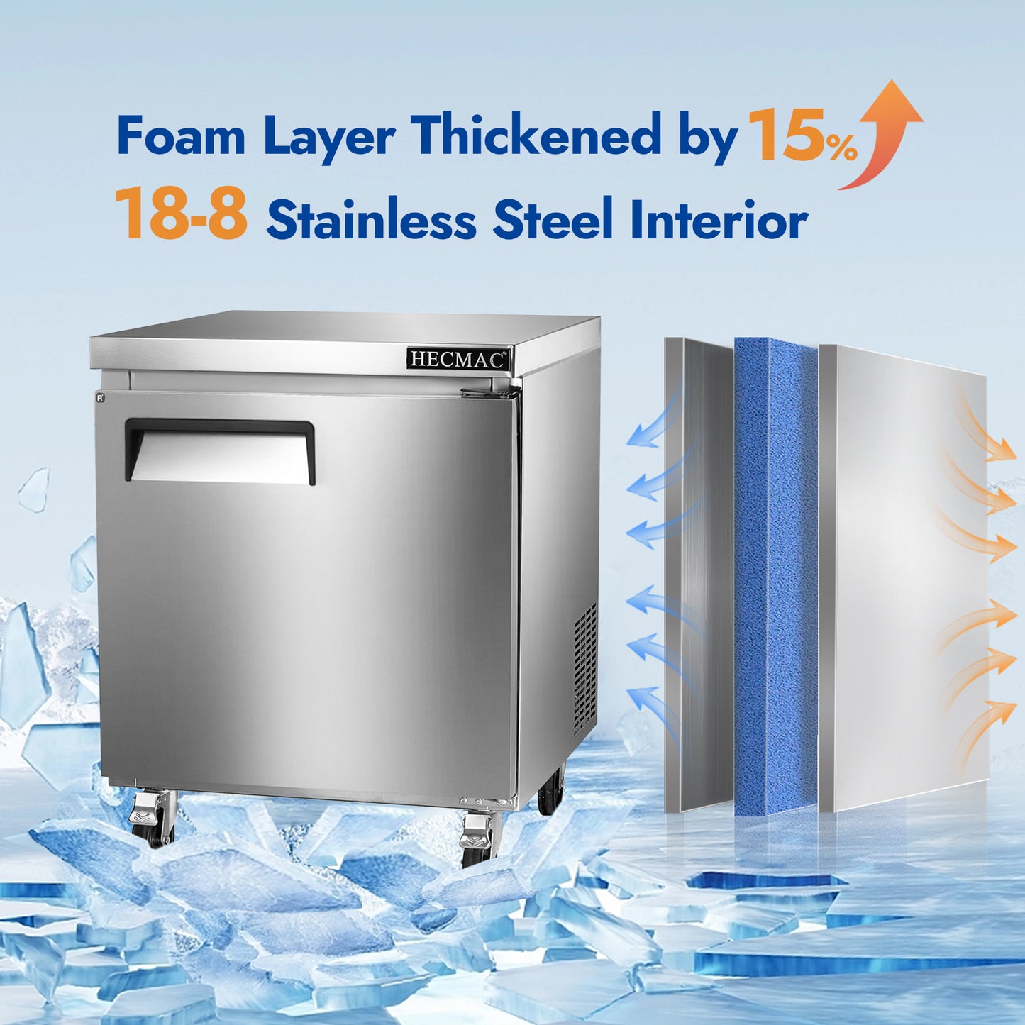 HECMAC 27" Commercial Freezer, 7.2 Cu.ft Worktop Undercounter Fridge with Single Solid Door, -8~0℉, 18-8 Stainless Steel Interior, ETL&NSF/ANSI 7 for Restaurant, Bar, Shop, Kitchen Use