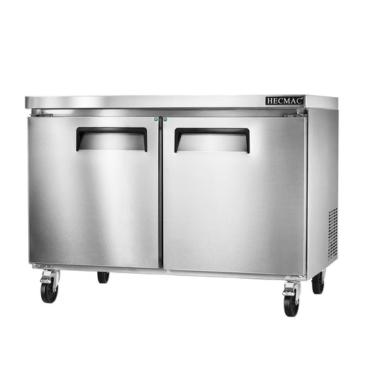 HECMAC 48" Commercial Freezer, 12.96 Cu.ft Worktop Undercounter Fridge with 2 Solid Door, -8~0℉, 18-8 Stainless Steel Interior, ETL&NSF/ANSI 7 for Restaurant, Bar, Shop, Kitchen Use