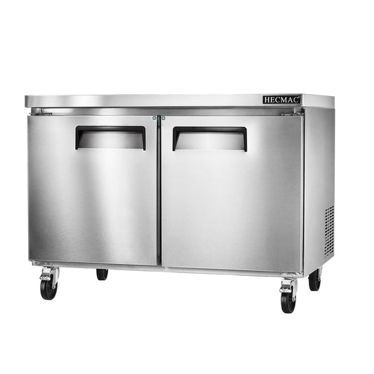 HECMAC 48" Commercial Refrigerator, 12.96 Cu.ft Worktop Undercounter Fridge with 2 Solid Door, 33~40℉, 18-8 Stainless Steel Interior, ETL&NSF/ANSI 7 for Restaurant, Bar, Shop, Kitchen Use