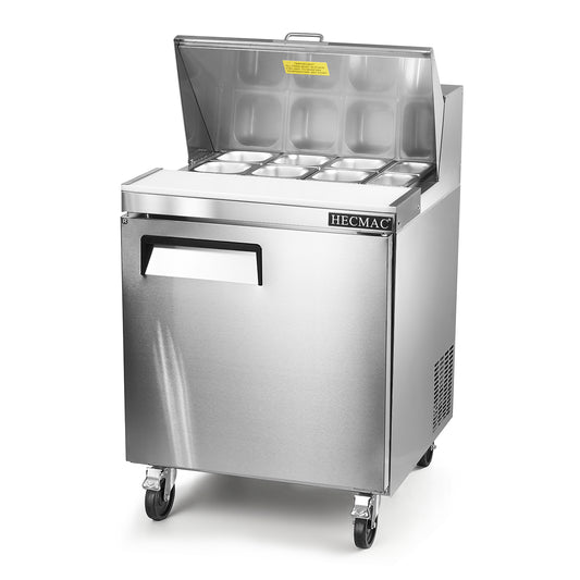 HECMAC 27" W Commercial Salad Prep Table - Fan Cooling Refrigerator, Stainless Steel with 8 Pans, 7.2 Cu.ft Refrigerator for Restaurant, Kitchen Bar, ETL&NSF/ANSI 7