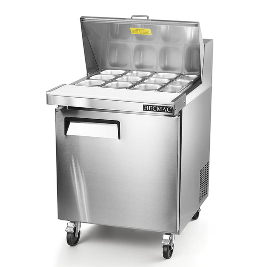HECMAC 27" W Commercial Salad Prep Table - Mega Top Refrigerator, Stainless Steel with 12 Pans, 6.1 Cu.ft Refrigerator for Restaurant, Kitchen Bar, ETL&NSF/ANSI 7