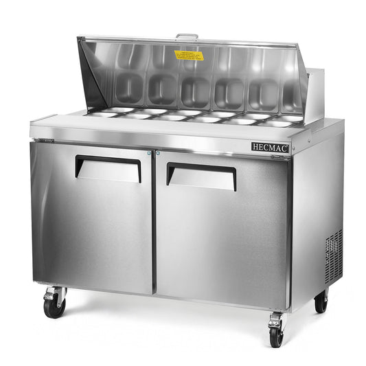HECMAC 48" W Commercial Salad Prep Table - Fan Cooling Refrigerator, Stainless Steel with 12 Pans, 12.96 Cu.ft Refrigerator for Restaurant, Kitchen Bar, ETL&NSF/ANSI 7