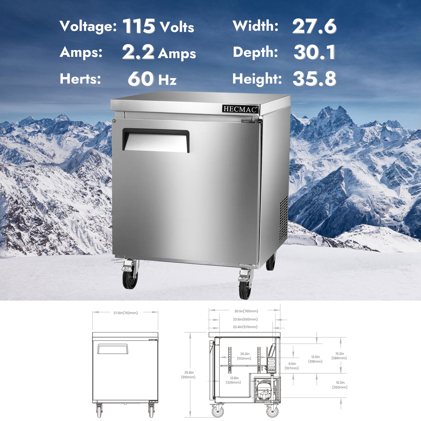 HECMAC 27" Commercial Freezer, 7.2 Cu.ft Worktop Undercounter Fridge with Single Solid Door, -8~0℉, 18-8 Stainless Steel Interior, ETL&NSF/ANSI 7 for Restaurant, Bar, Shop, Kitchen Use