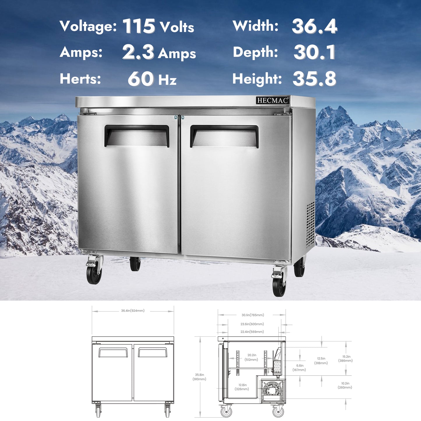 HECMAC 36" Commercial Refrigerator, 9.68 Cu.ft Worktop Undercounter Fridge with 2 Solid Door, 33~40℉, 18-8 Stainless Steel Interior, ETL&NSF/ANSI 7 for Restaurant, Bar, Shop, Kitchen Use