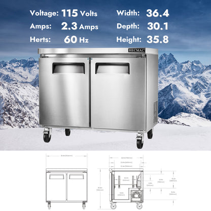 HECMAC 36" Commercial Refrigerator, 9.68 Cu.ft Worktop Undercounter Fridge with 2 Solid Door, 33~40℉, 18-8 Stainless Steel Interior, ETL&NSF/ANSI 7 for Restaurant, Bar, Shop, Kitchen Use