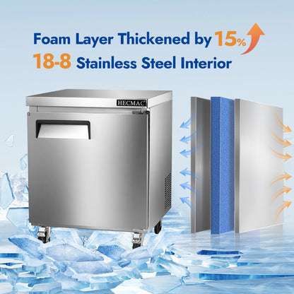HECMAC 27" Commercial Freezer, 7.2 Cu.ft Worktop Undercounter Fridge with Single Solid Door, -8~0℉, 18-8 Stainless Steel Interior, ETL&NSF/ANSI 7 for Restaurant, Bar, Shop, Kitchen Use