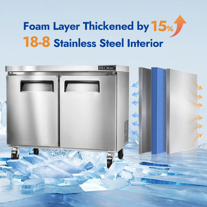 HECMAC 36" Commercial Refrigerator, 9.68 Cu.ft Worktop Undercounter Fridge with 2 Solid Door, 33~40℉, 18-8 Stainless Steel Interior, ETL&NSF/ANSI 7 for Restaurant, Bar, Shop, Kitchen Use