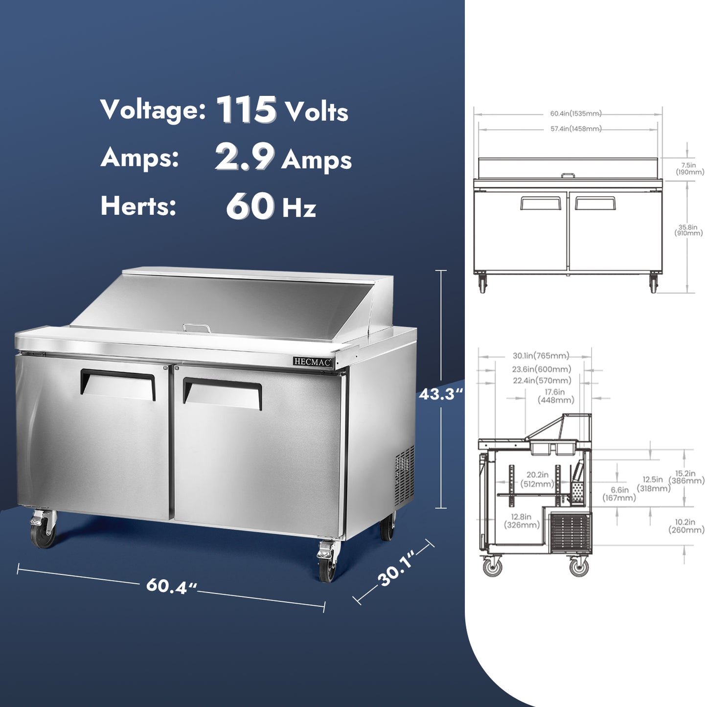 HECMAC 60" W Commercial Salad Prep Table