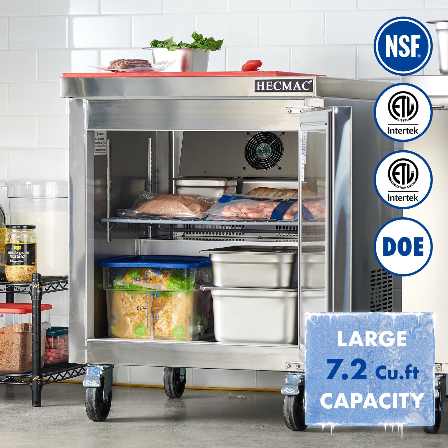 HECMAC 27" Commercial Freezer, 7.2 Cu.ft Worktop Undercounter Fridge with Single Solid Door, -8~0℉, 18-8 Stainless Steel Interior, ETL&NSF/ANSI 7 for Restaurant, Bar, Shop, Kitchen Use