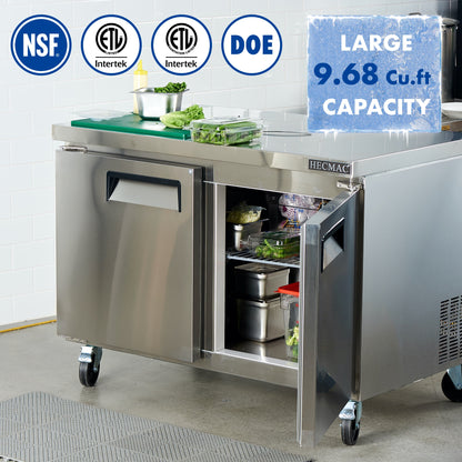HECMAC 36" Commercial Refrigerator, 9.68 Cu.ft Worktop Undercounter Fridge with 2 Solid Door, 33~40℉, 18-8 Stainless Steel Interior, ETL&NSF/ANSI 7 for Restaurant, Bar, Shop, Kitchen Use