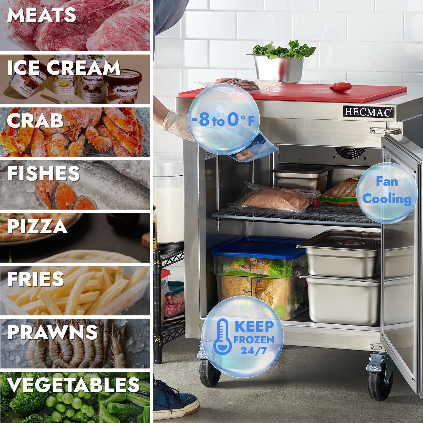 HECMAC 27" Commercial Freezer, 7.2 Cu.ft Worktop Undercounter Fridge with Single Solid Door, -8~0℉, 18-8 Stainless Steel Interior, ETL&NSF/ANSI 7 for Restaurant, Bar, Shop, Kitchen Use