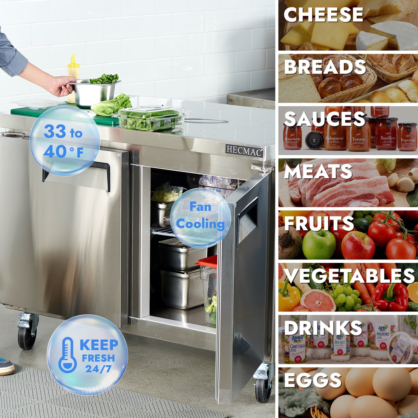 HECMAC 36" Commercial Refrigerator, 9.68 Cu.ft Worktop Undercounter Fridge with 2 Solid Door, 33~40℉, 18-8 Stainless Steel Interior, ETL&NSF/ANSI 7 for Restaurant, Bar, Shop, Kitchen Use